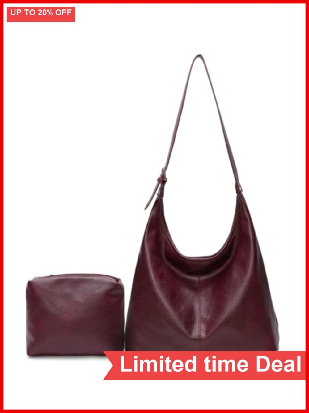 Vegan Leather Slouchy Hobo Bag with Matching Pouch Shoulder Tote